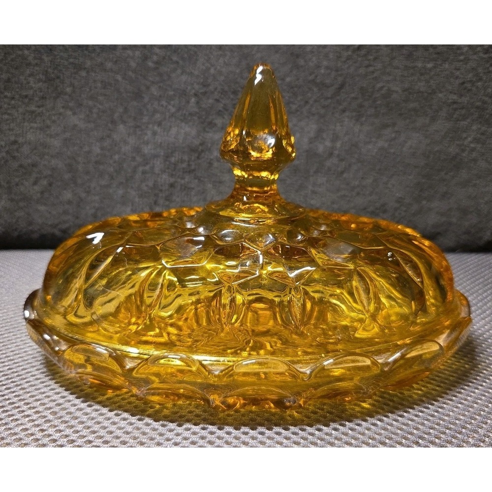 VTG 1970s Anchor Hocking Fairfield Oval Glass Amber Honey Butter Dish W/ Lid